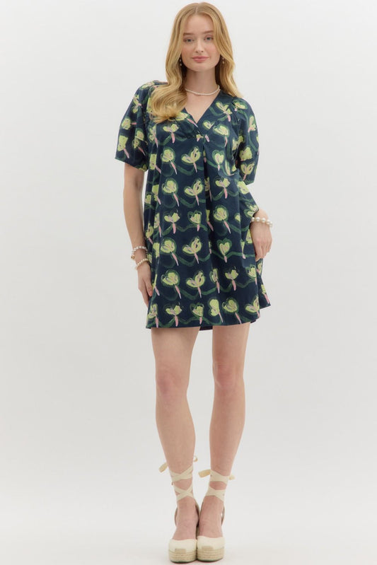 Floral Print V-Neck Pullover Dress