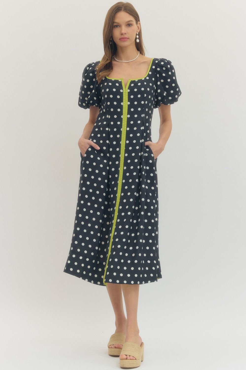 Polka Dot Puff Sleeve Midi Dress - Navy