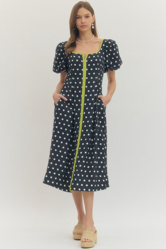 Polka Dot Puff Sleeve Midi Dress - Navy