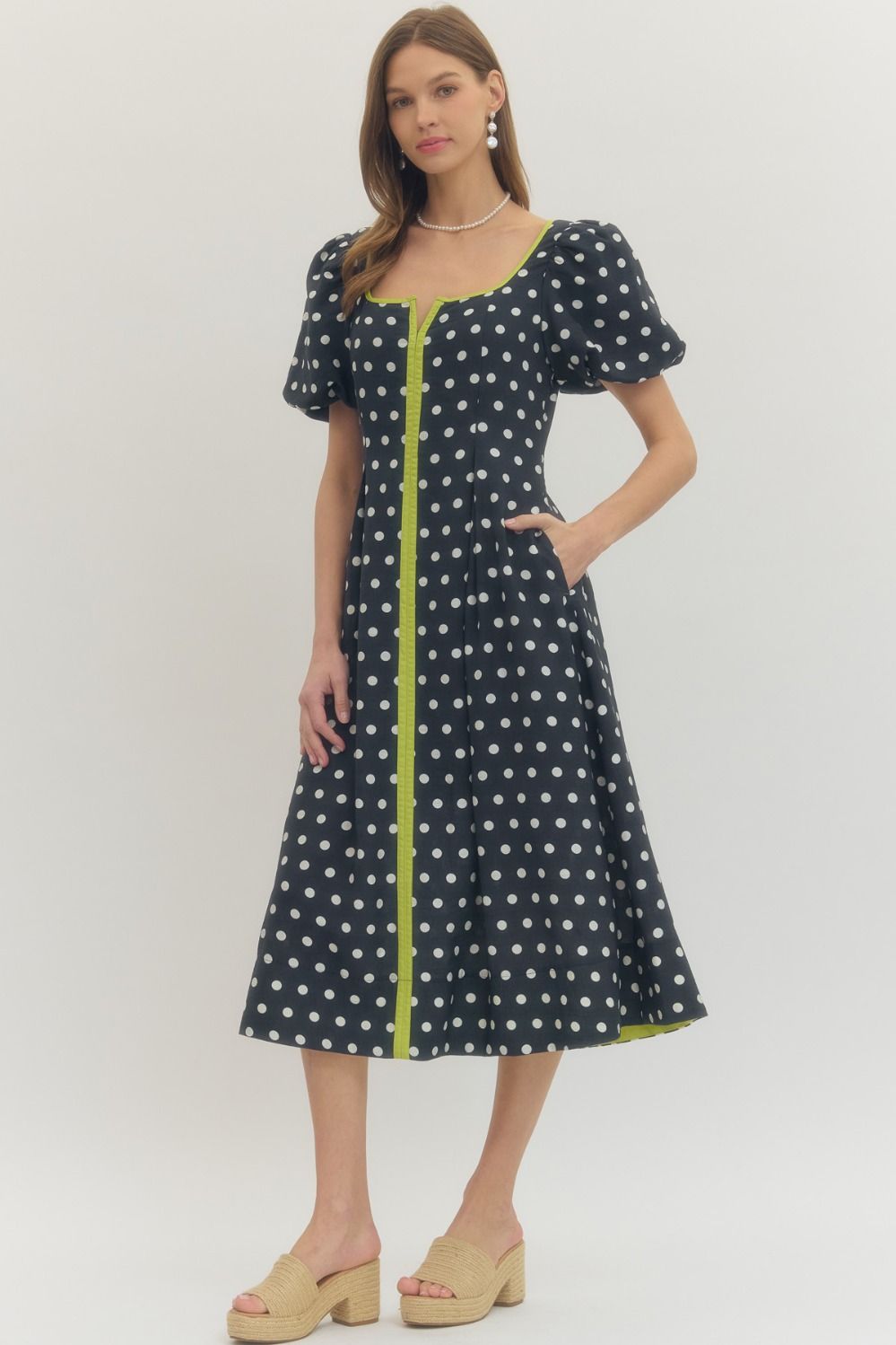 Polka Dot Puff Sleeve Midi Dress - Navy
