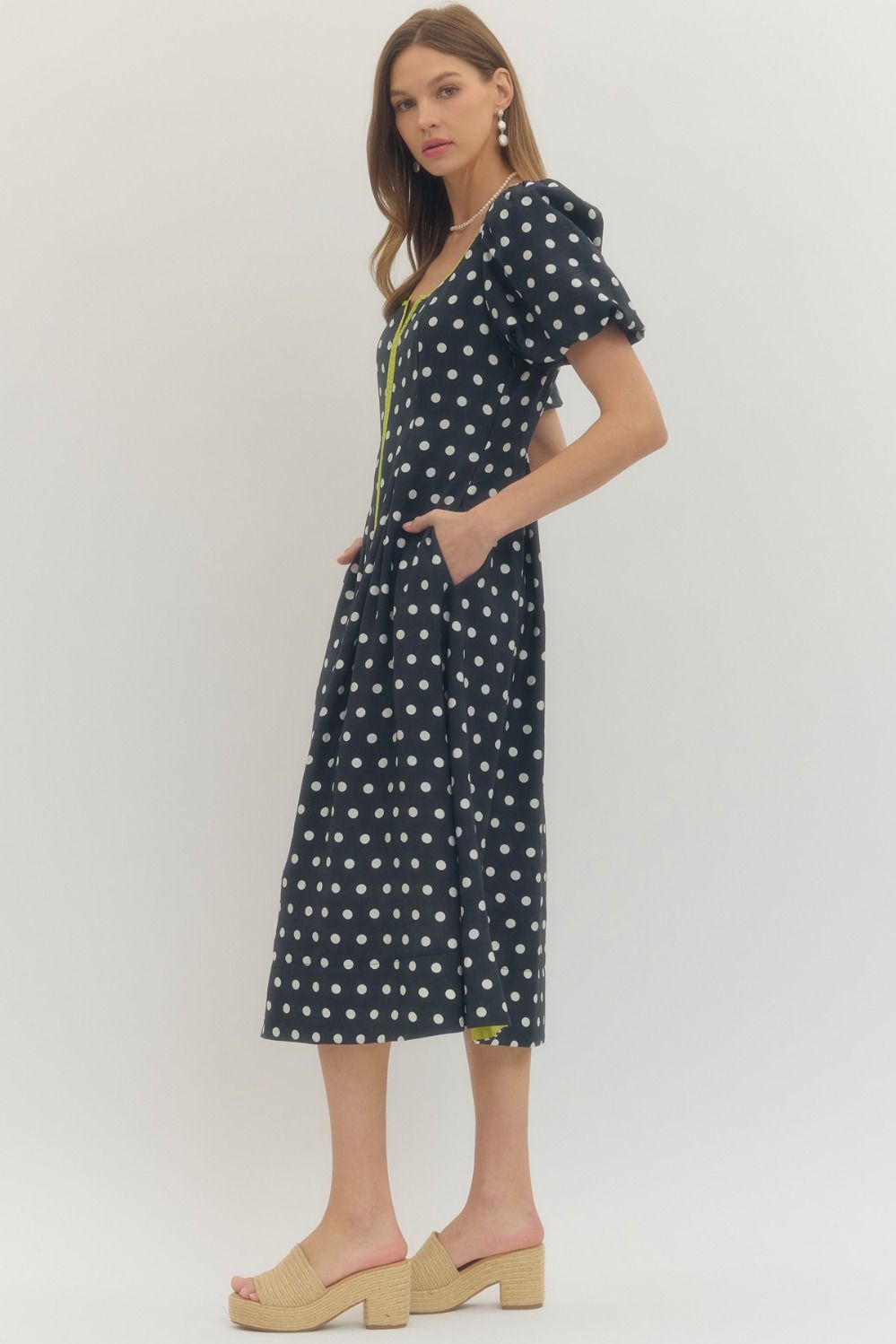 Polka Dot Puff Sleeve Midi Dress - Navy
