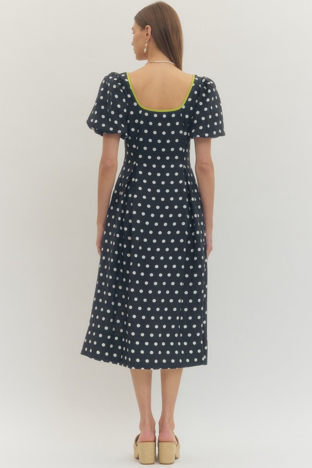 Polka Dot Puff Sleeve Midi Dress - Navy