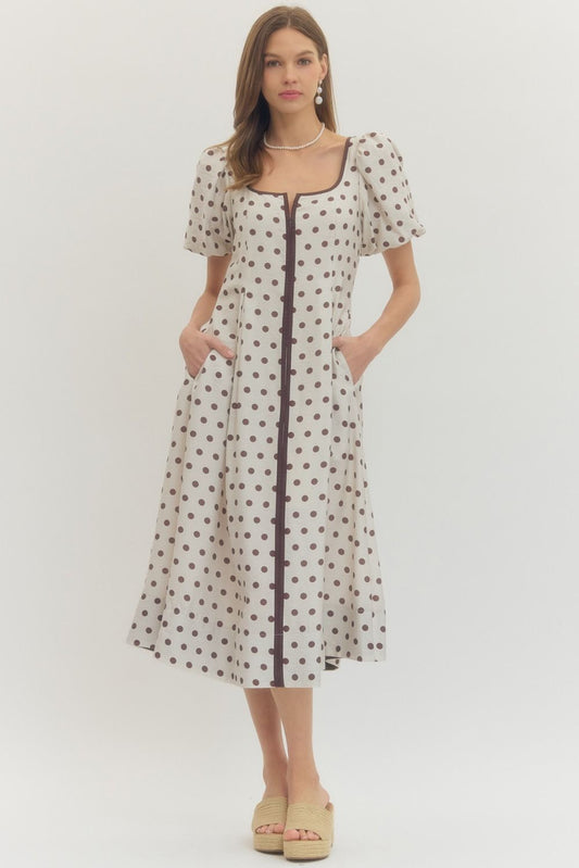 Polka Dot Puff Sleeve Midi Dress - Cream