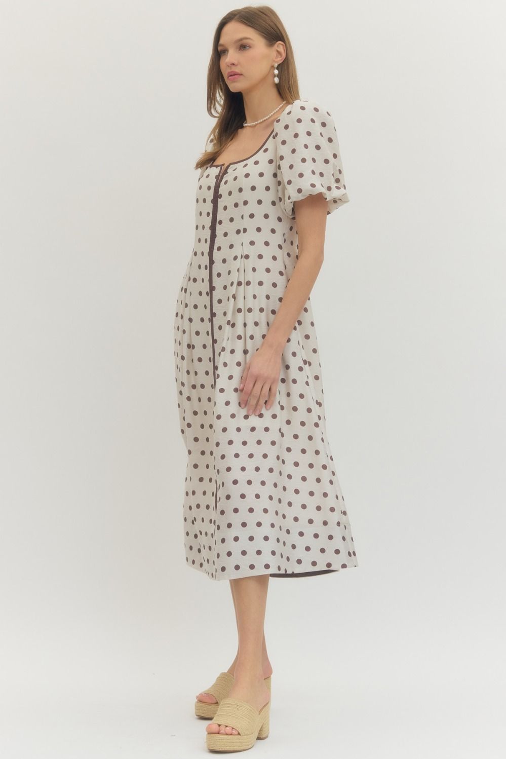 Polka Dot Puff Sleeve Midi Dress - Cream