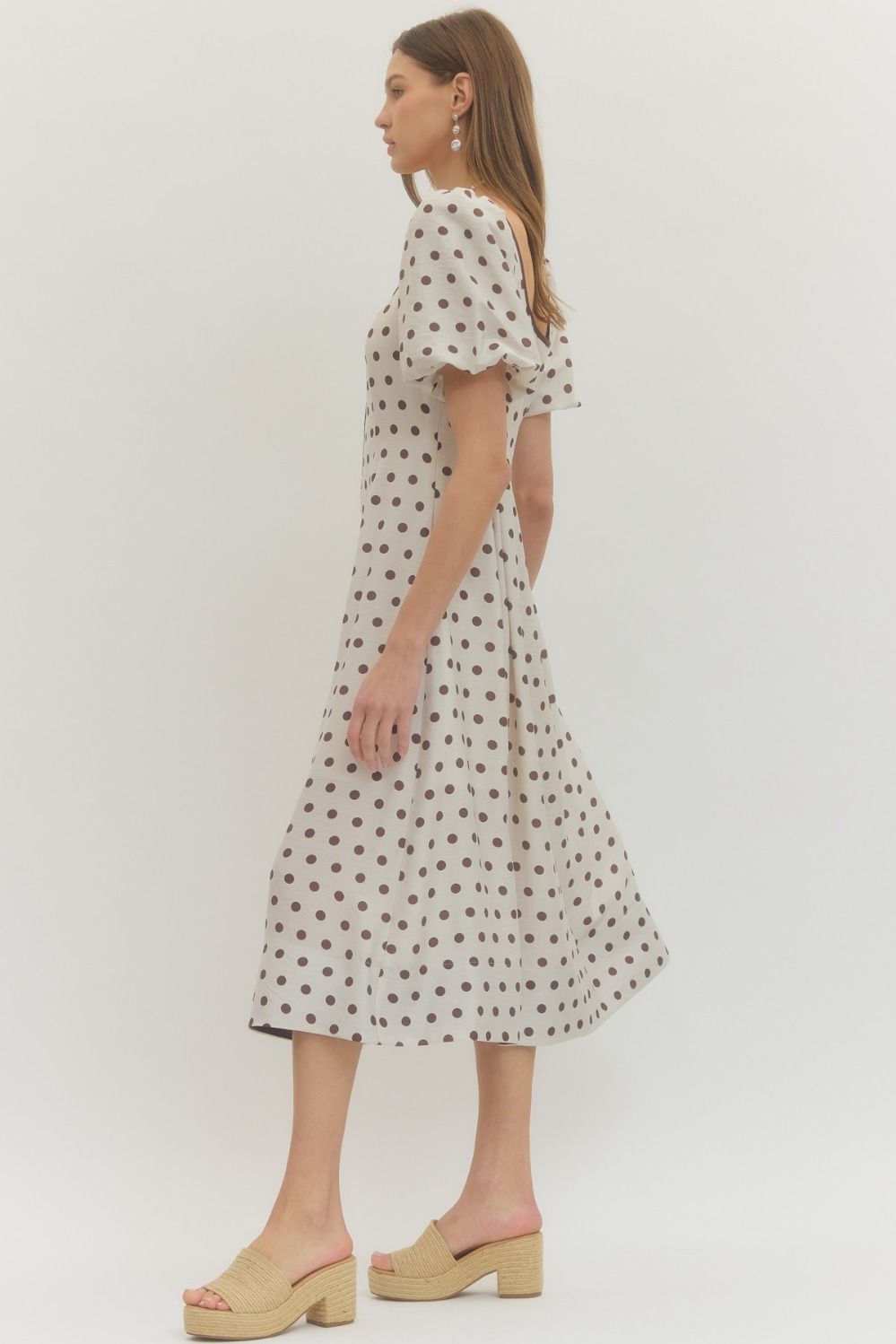 Polka Dot Puff Sleeve Midi Dress - Cream