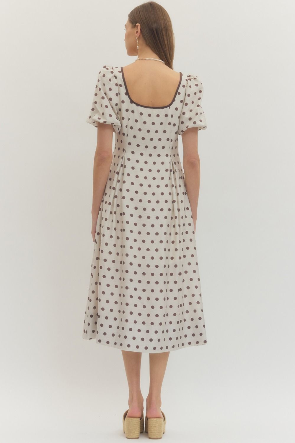 Polka Dot Puff Sleeve Midi Dress - Cream