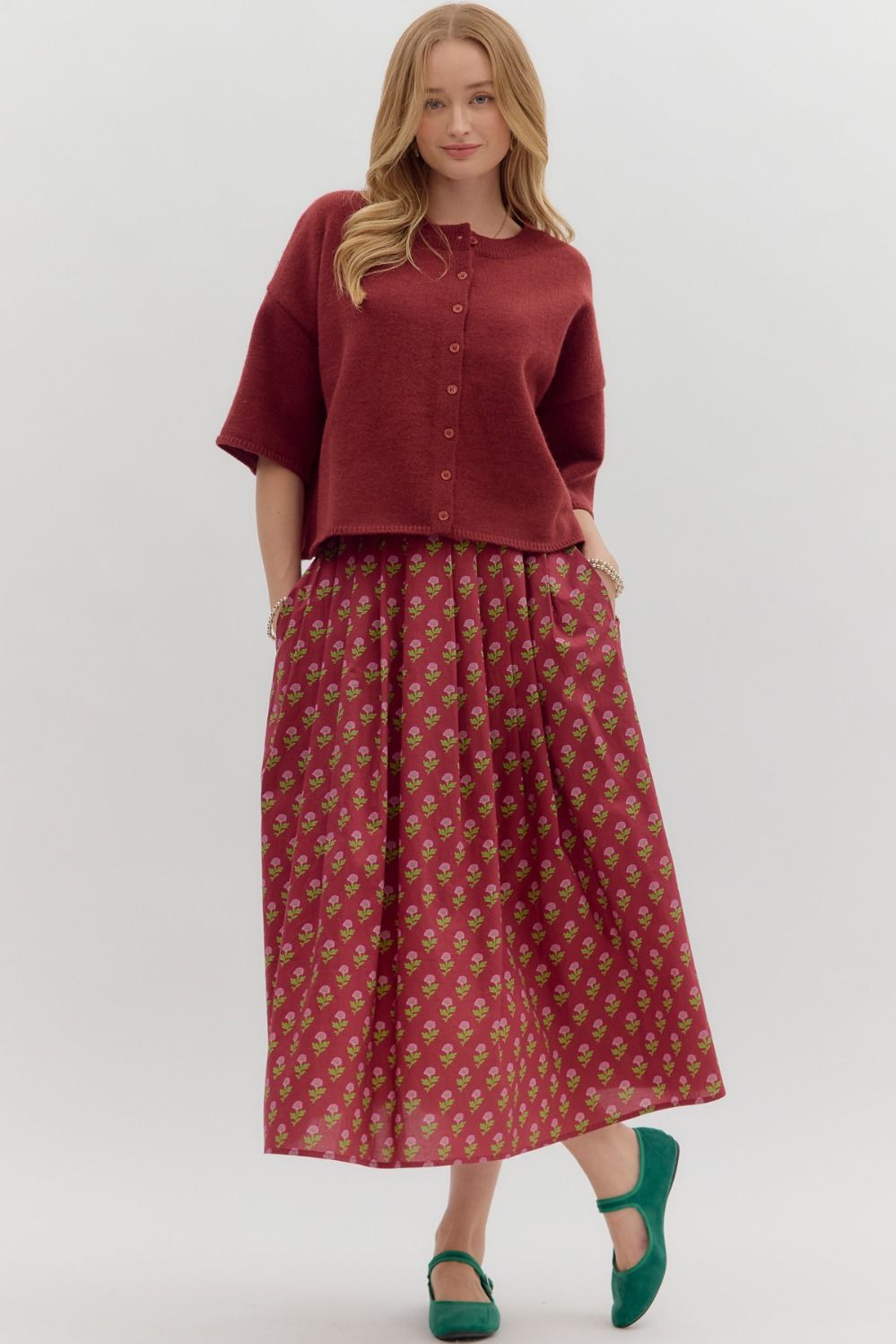 3/4 Sleeve Cardigan - Burgundy