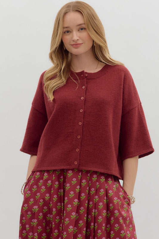 3/4 Sleeve Cardigan - Burgundy
