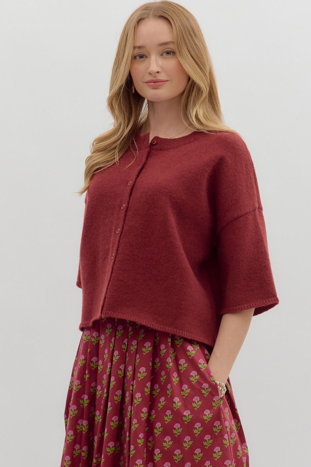 3/4 Sleeve Cardigan - Burgundy