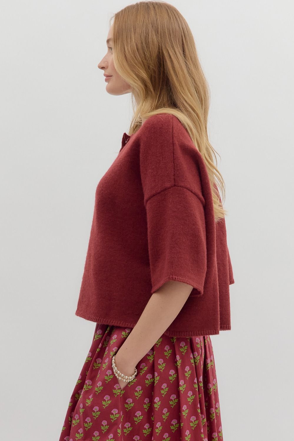 3/4 Sleeve Cardigan - Burgundy