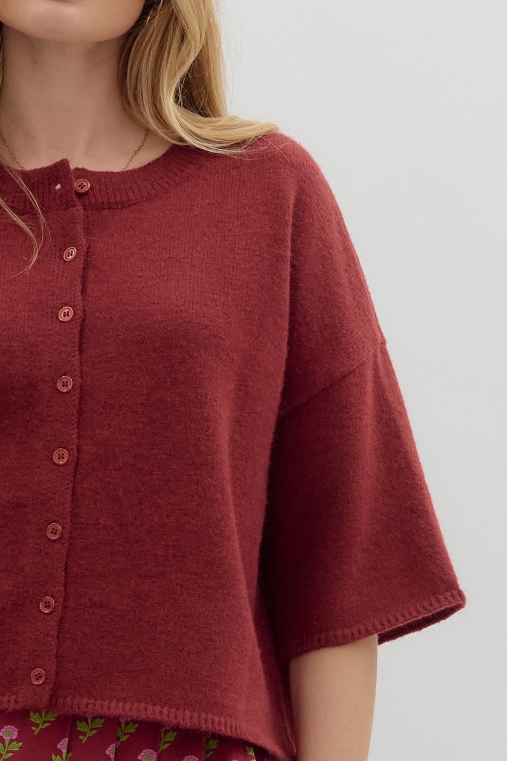3/4 Sleeve Cardigan - Burgundy