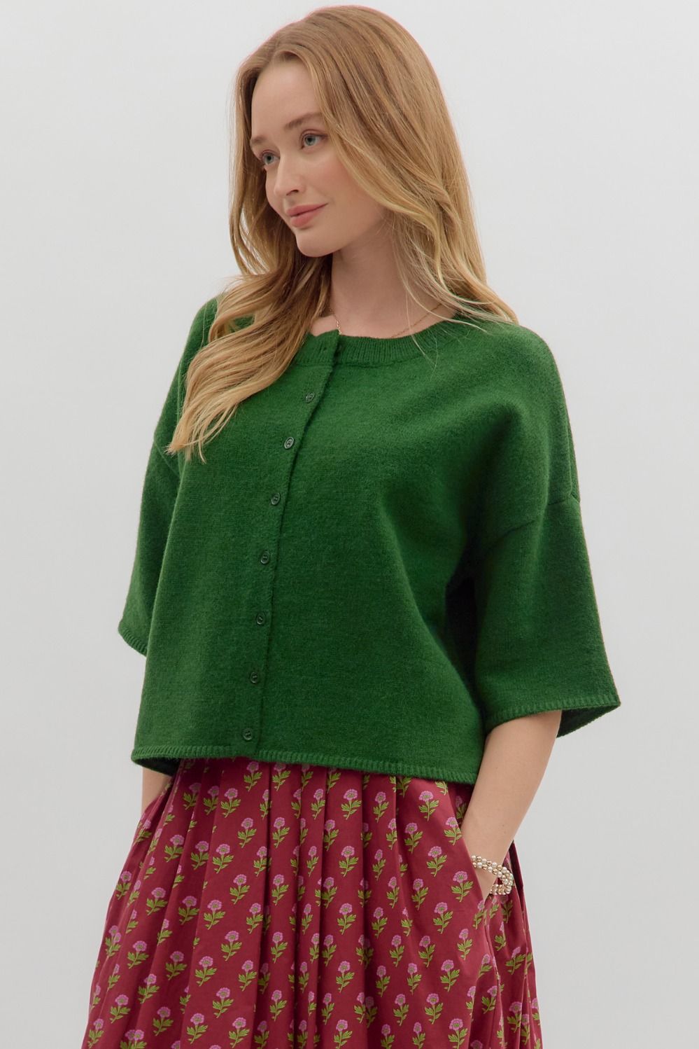3/4 Sleeve Cardigan - Green