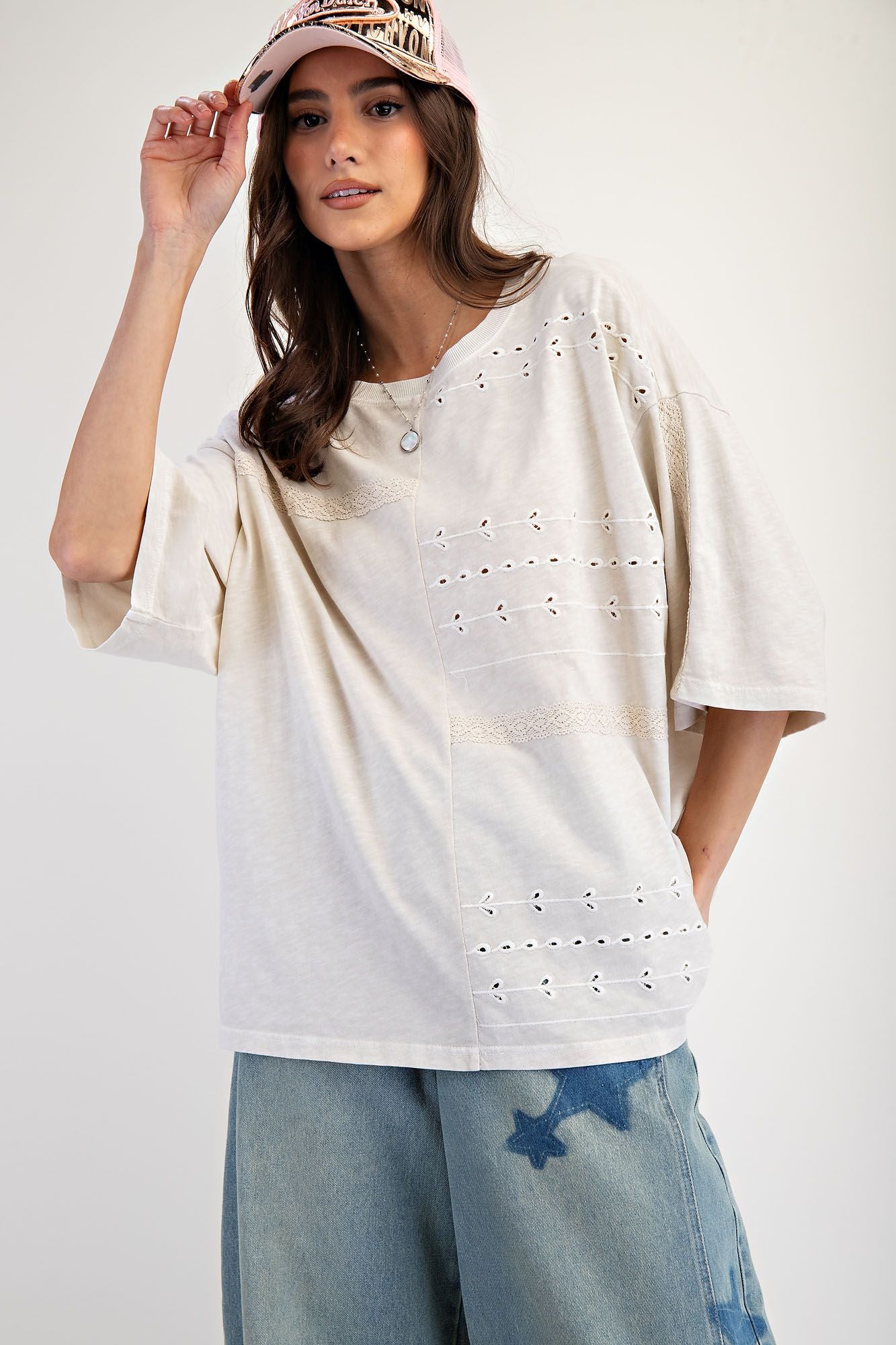 Embroidered Lace Mix Mineral Washed Top