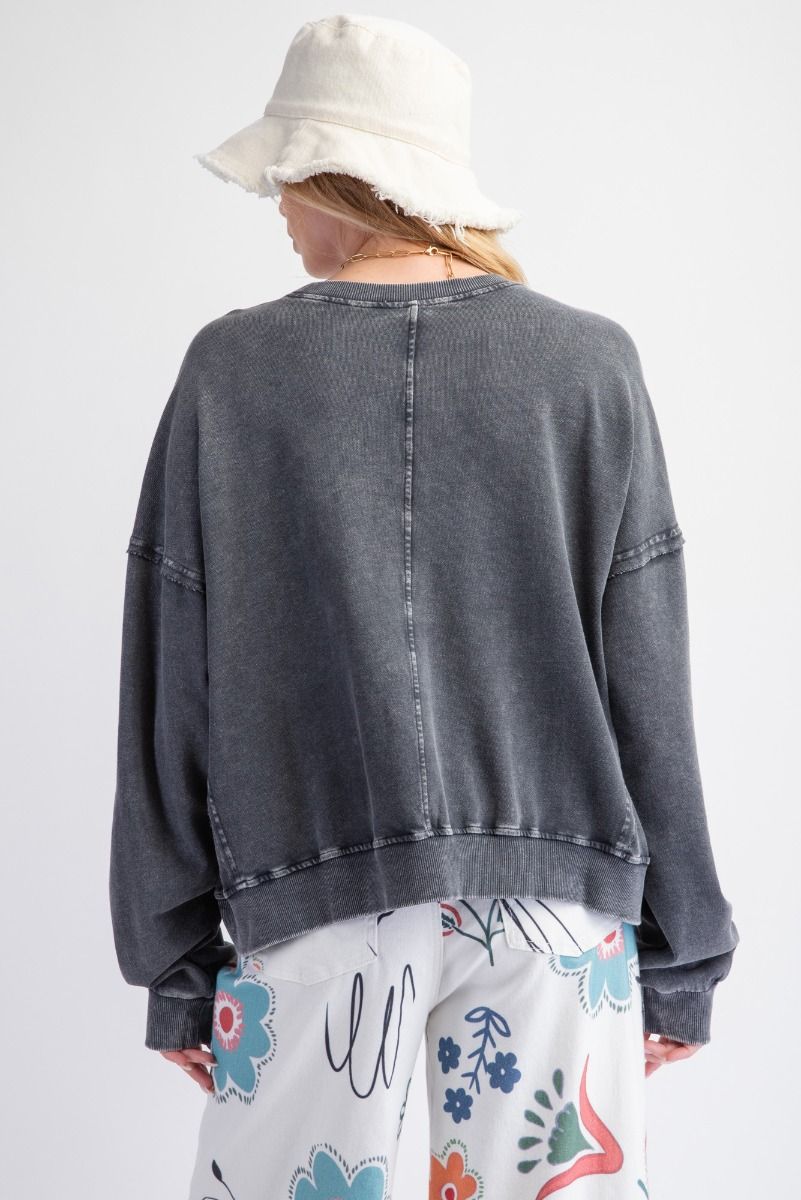 Flower Patch Washed Terry Knit Pullover - Black