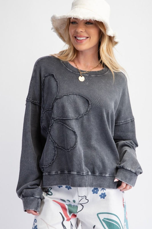 Flower Patch Washed Terry Knit Pullover - Black