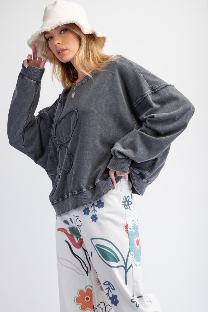 Flower Patch Washed Terry Knit Pullover - Black