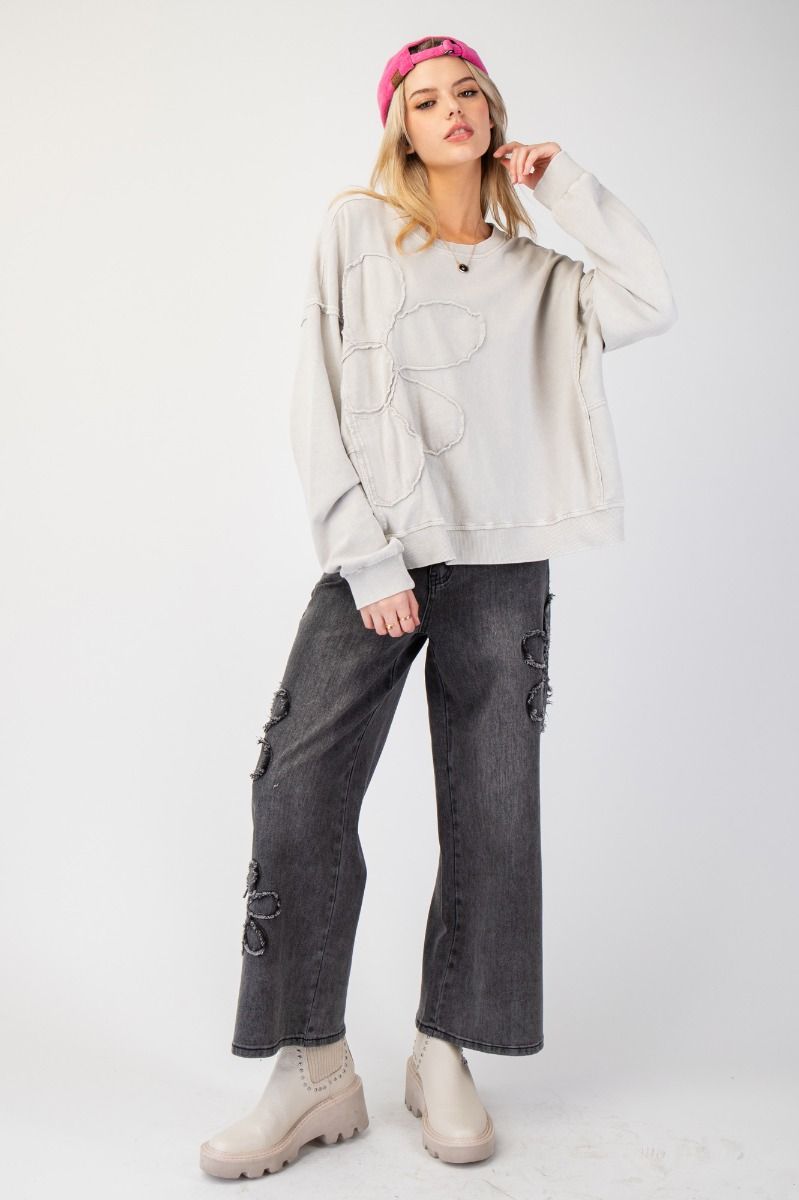 Flower Patch Washed Terry Knit Pullover - Stone