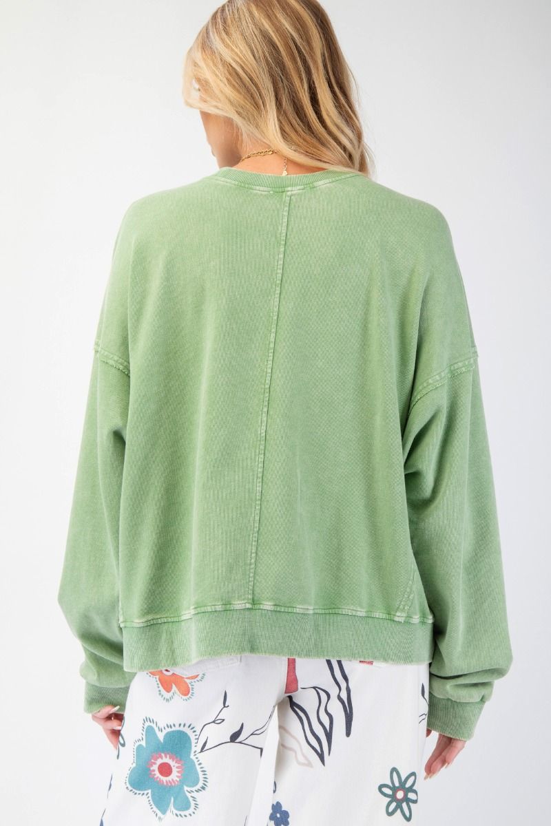 Flower Patch Washed Terry Knit Pullover - Juniper Green