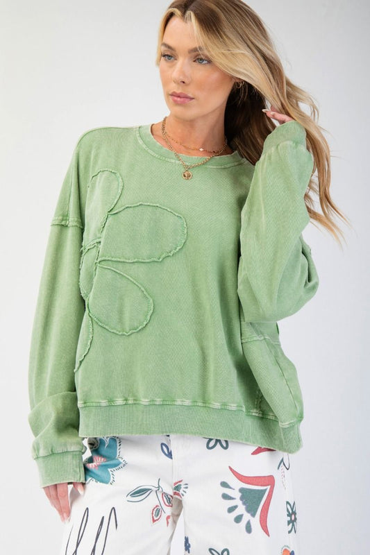 Flower Patch Washed Terry Knit Pullover - Juniper Green