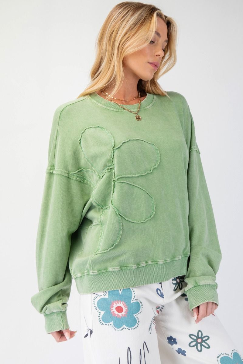 Flower Patch Washed Terry Knit Pullover - Juniper Green