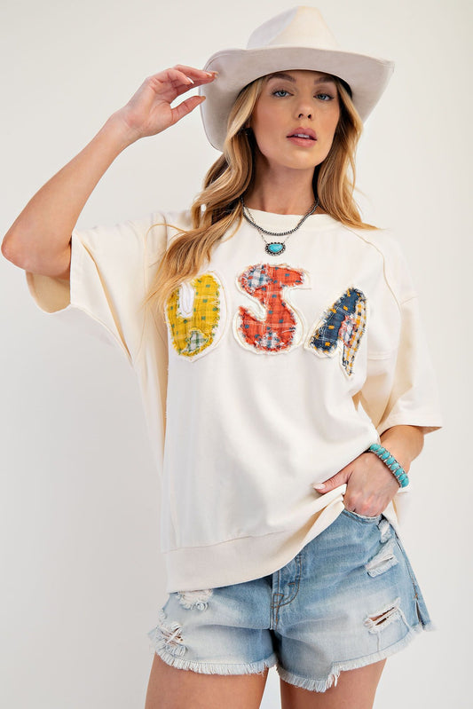 USA Patch Front Soft Washed Terry Knit Top