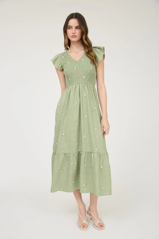 Embroidered Flower Smocked Ruffle Midi Dress