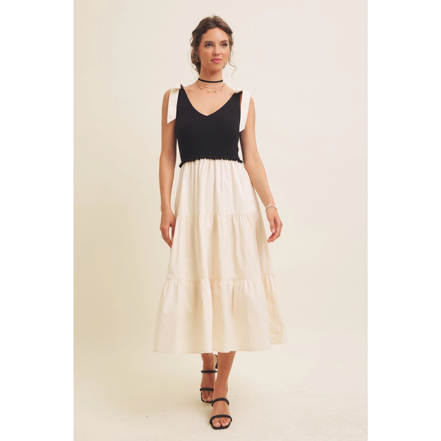 Mixed Media Rib Sweater Tiered Midi Dress