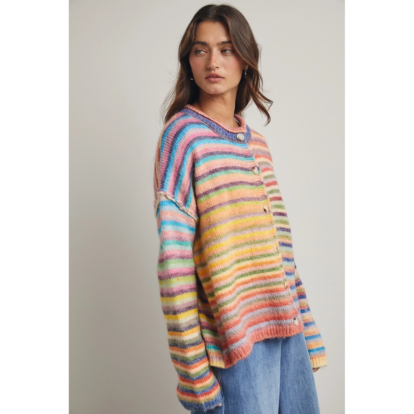 Rainbow Button-Up Knit Sweater Cardigan