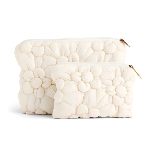 Cream Quilted Flower Zip Pouch