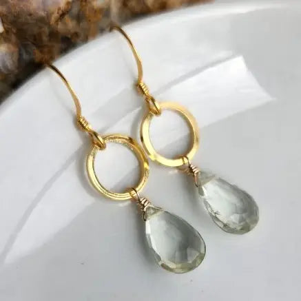Green Amethyst Gold Circle Earrings