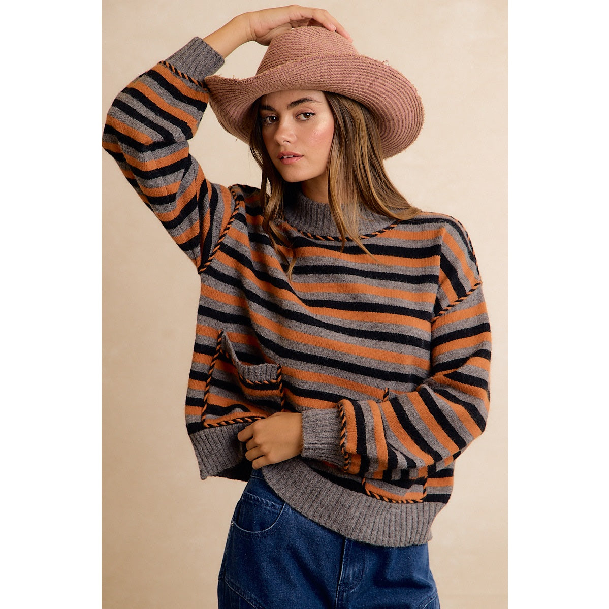 Halloween Striped Mock Neck Pocket Sweater