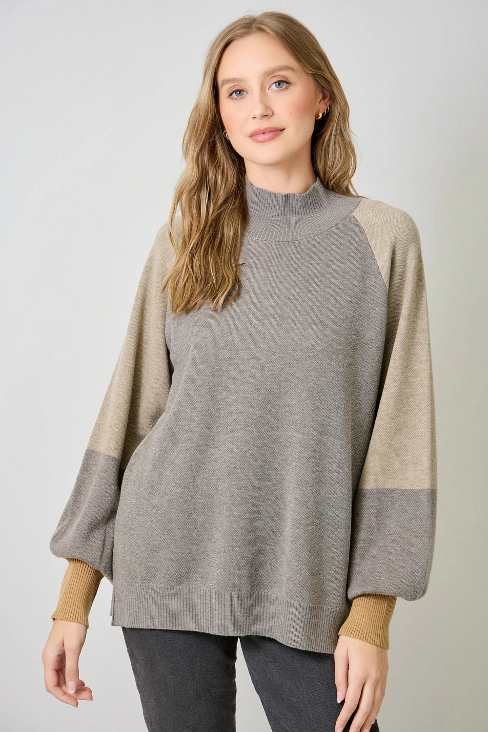 Mock Neck Color Blocked Sweater - Brown
