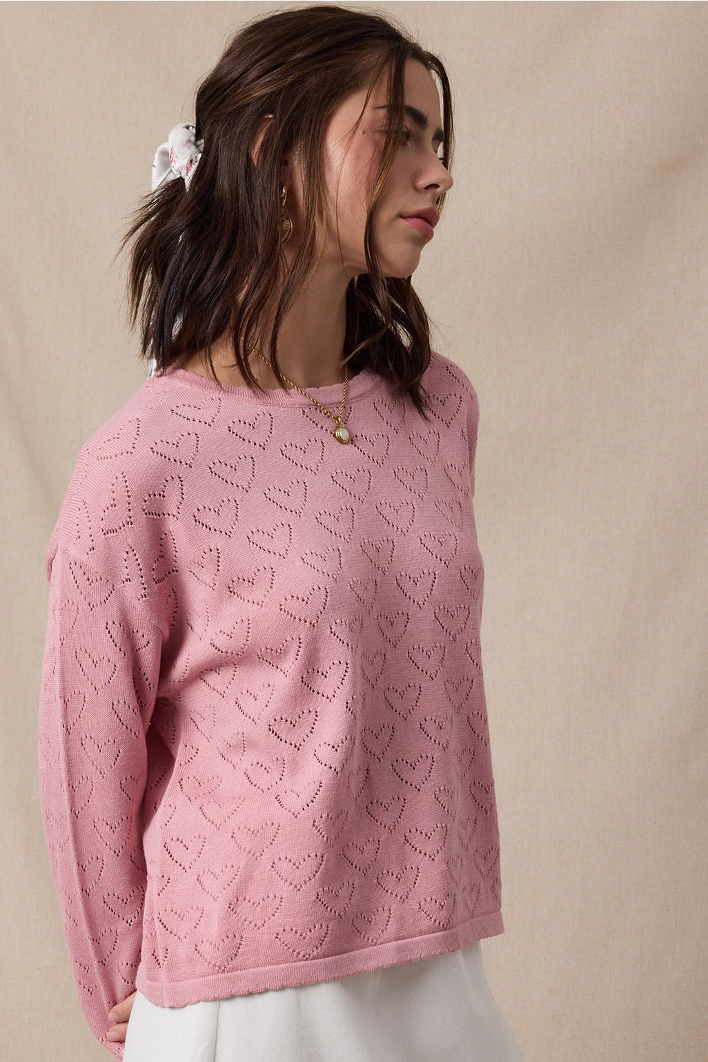 Heart Pointelle Lightweight Sweater