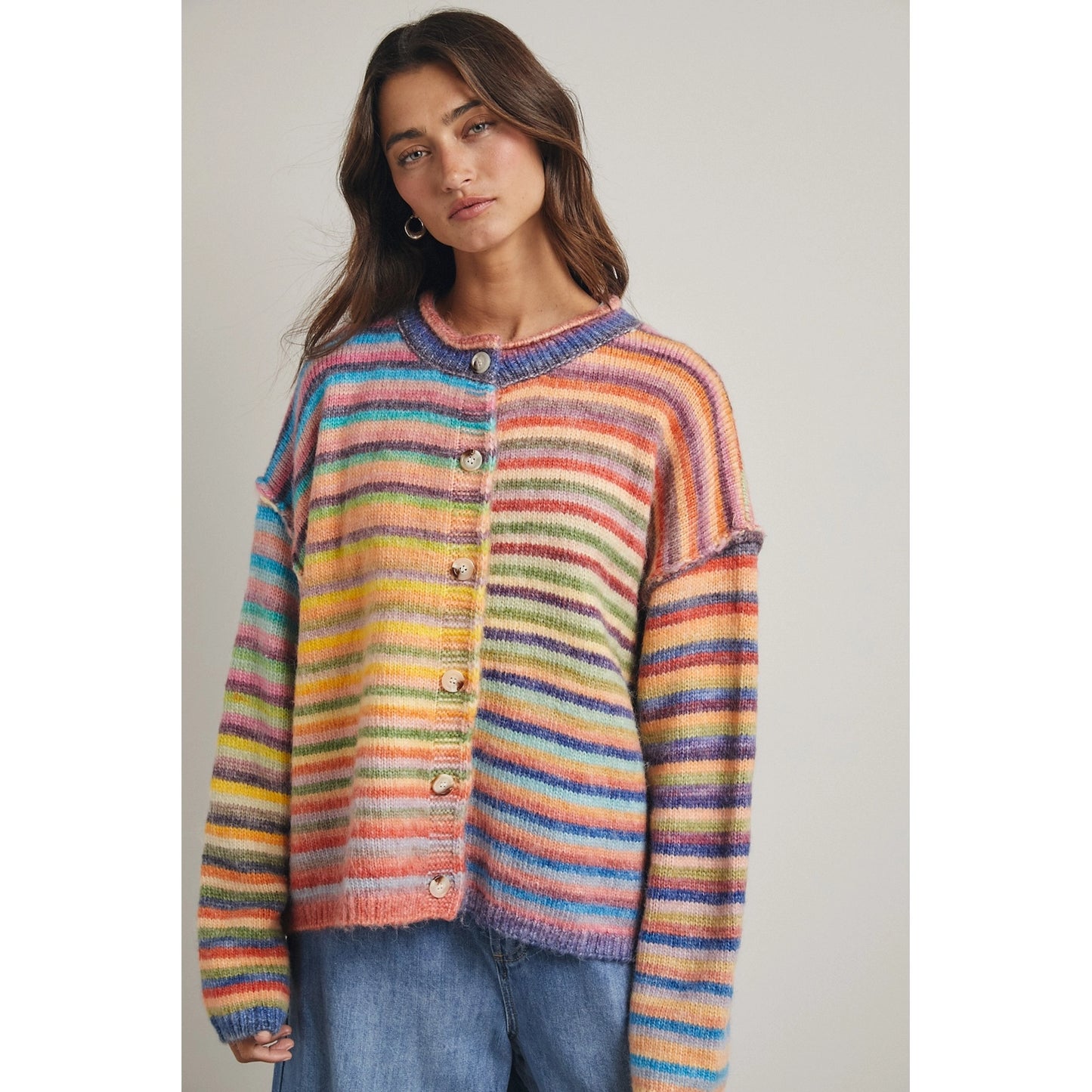 Rainbow Button-Up Knit Sweater Cardigan