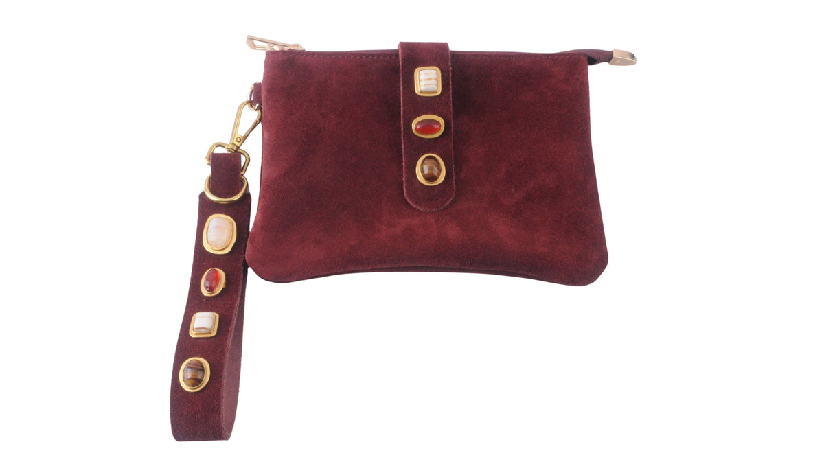 Gemstone Suede Wristlet Pouch & Keychain - Burgundy