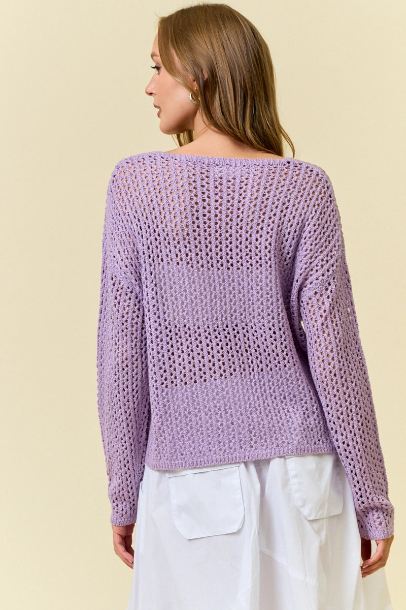 Split V-Neck Long Sleeve Knit Sweater - Purple