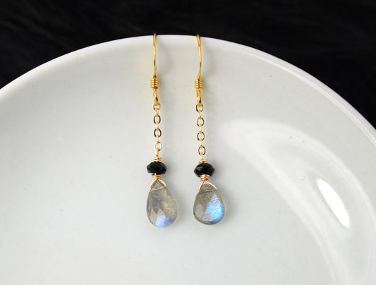 Dainty Labradorite and Onyx Gold Chain Earrings