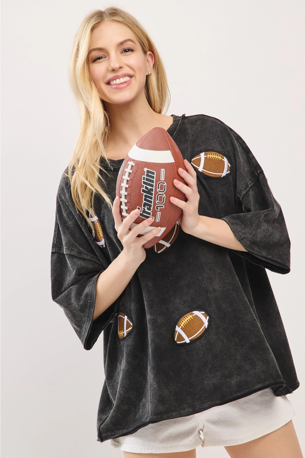 Vintage Football Patch Game day Oversized Tee - Black