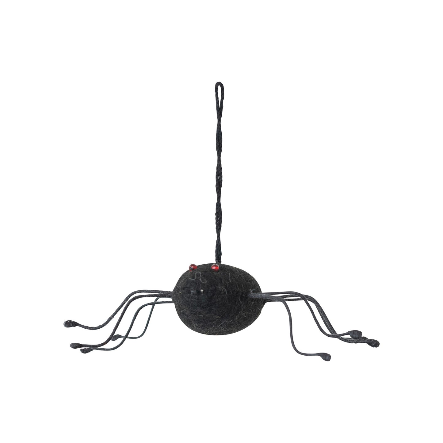 Handmade Wool Felt & Wire Spider Ornament w/ Red Glass Bead Eyes, Black