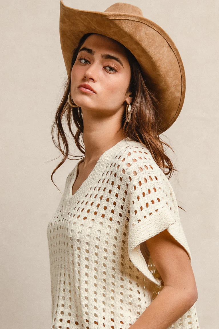 Low Gauge Round Neck Sweater Top - Cream