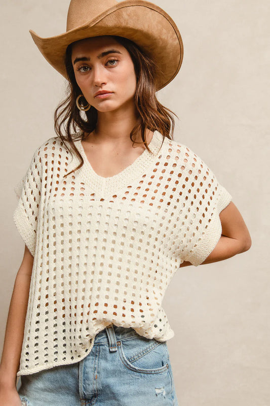 Low Gauge Round Neck Sweater Top - Cream