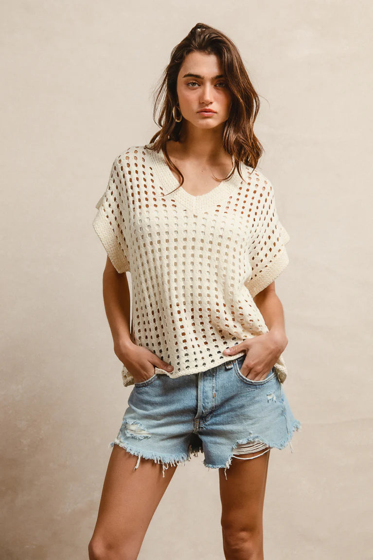 Low Gauge Round Neck Sweater Top - Cream