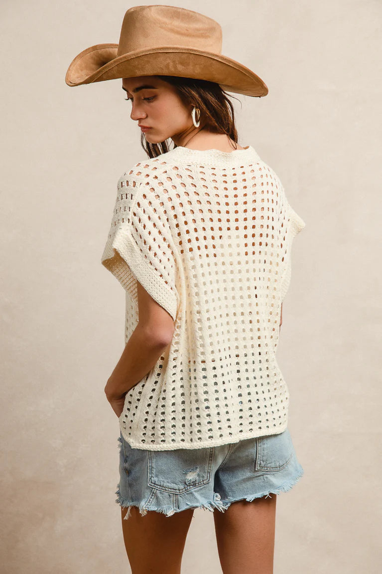 Low Gauge Round Neck Sweater Top - Cream