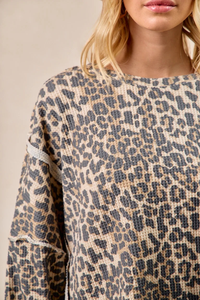 Leopard Print Waffle Thermal Sweatshirt