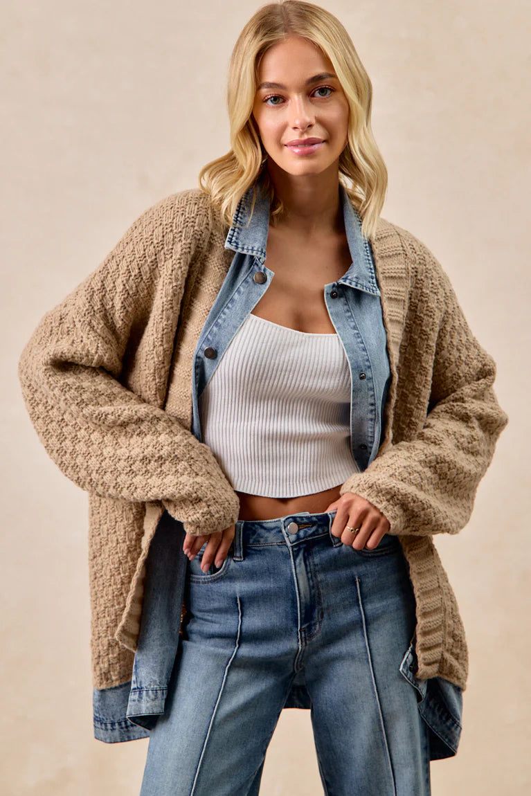Washed Denim Mix and Match Sweater Cardigan