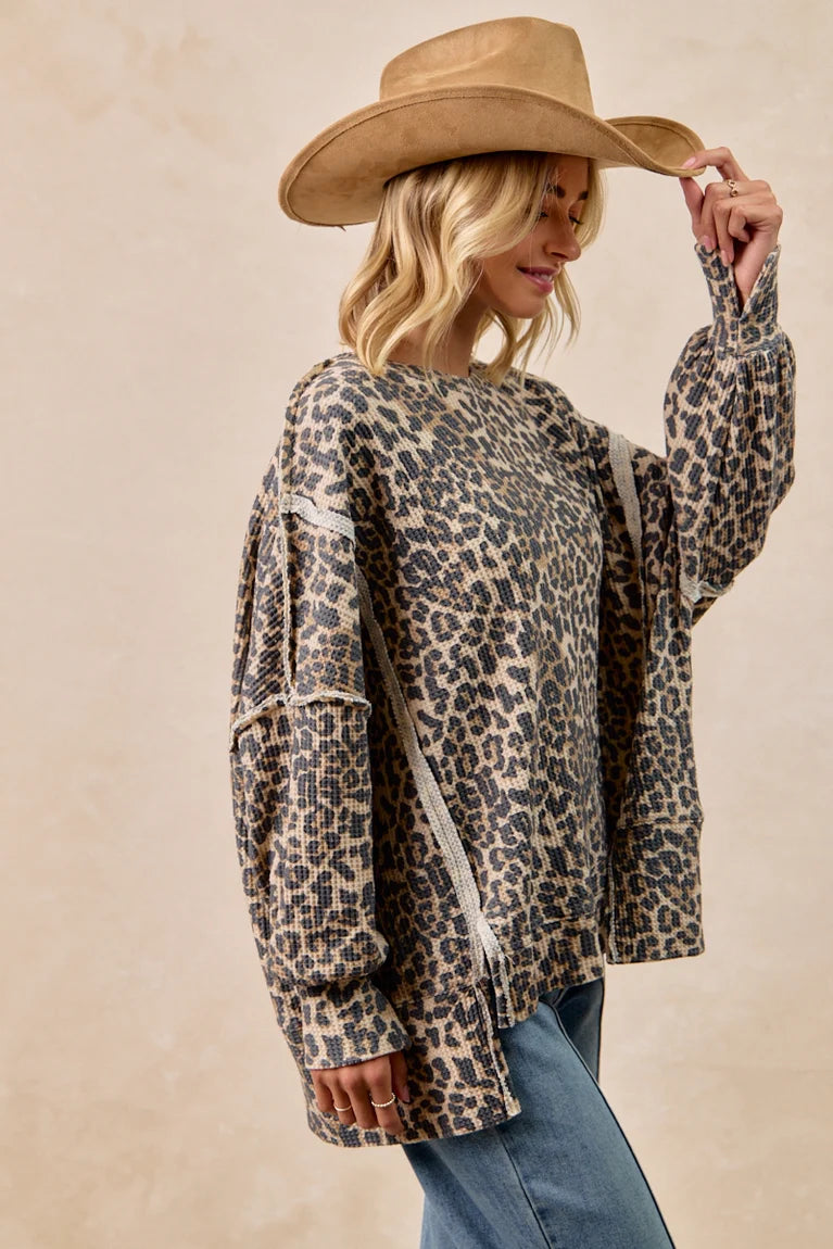 Leopard Print Waffle Thermal Sweatshirt