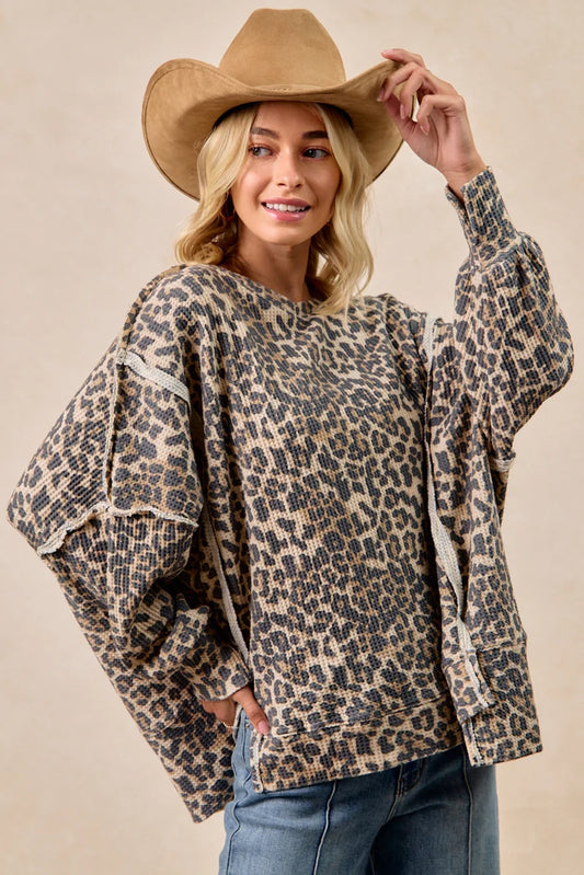 Leopard Print Waffle Thermal Sweatshirt