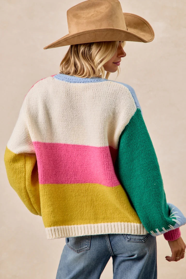 Color Block Sweater Open Cardigan