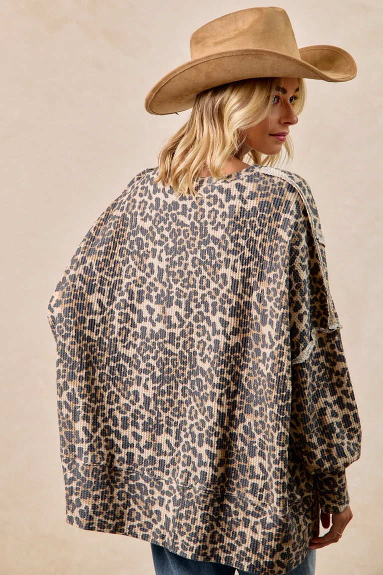 Leopard Print Waffle Thermal Sweatshirt