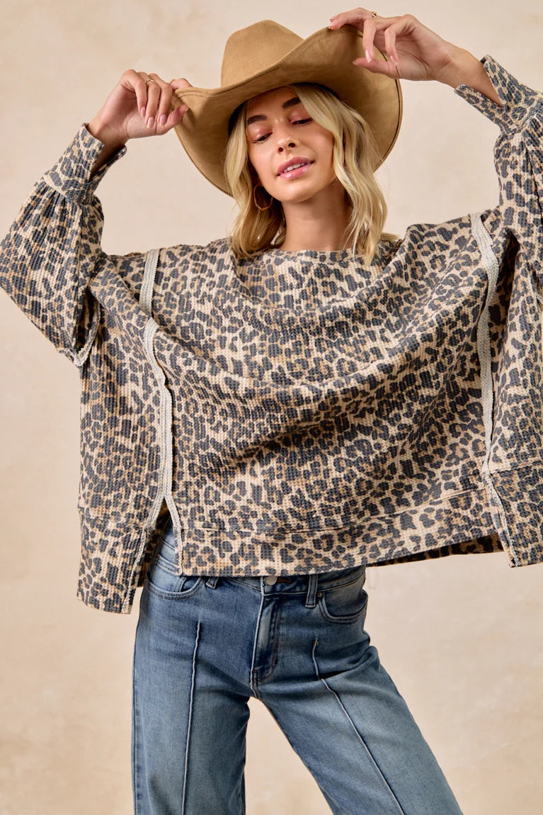 Leopard Print Waffle Thermal Sweatshirt